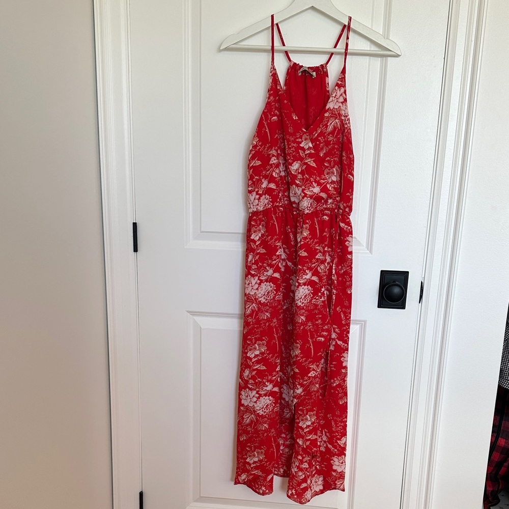 Dex Medium Red Floral Women's dress with elastic waist and string tie.